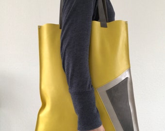 Yellow silver and grey leather tote bag
