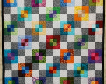 Modern Wall Quilt, Textile Art Quilt, Quilted Wall Hanging, Multi color, Gray, Illusion of Transparent Colored Squares on Grey Checkerboard