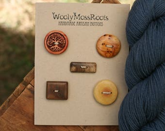 SALE! 5 Mixed Wood Buttons- Mixed Woods- Wooden Buttons- Eco Craft Supplies, Eco Knitting Supplies, Eco Sewing Supplies