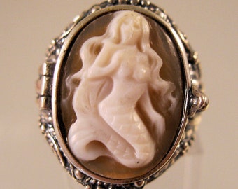 Mermaid Cameo Poison Locket Ring Sterling Silver Signed Size 6 Vintage Style