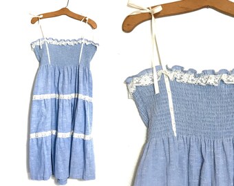 Vintage Hippie Dress Boho Dress Large 70's Dress 80's Dress Prairie Dress Blue Dress Summer Dress Sleeveless Floral W