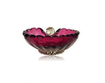Gorgeous C.1950s MURANO Cranberry Bullicante Glass Dish | Bowl | Plate