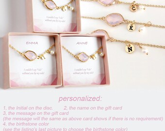 Best friend Bridesmaids Bracelet Gift, 14K Gold Plated, Personalized pink June Birthstones initial, flower girl Bracelet, wedding jewelry