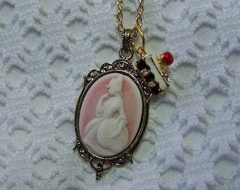 Marie Antoinette Golden Necklace, Pink & White Lady Cameo Necklace, Let Them Eat Cake Necklace, Cake Charm, French Lady, Southern Lady