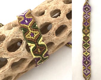 Friendship bracelet - sleeping tikis - tribal - embroidery floss - macrame - knotted - handmade - woven - purple - green - olive - braided