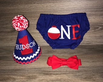 Boys Cake Smash Outfit - Fishing Party - Ofishally One - Diaper Cover, Bow Tie & Birthday Hat - Shirt - Bobber - First 1st Birthday