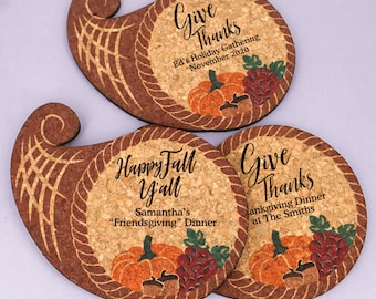 Holiday Favors, Friendsgiving Party Decor, Wedding Favor Coasters, Fall Decorations, Personalized Cornucopia Shaped Cork Coaster - Set of 12