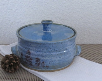 Lidded Casserole Baking Dish - Handmade Stoneware Pottery Ceramic - Sky Blue and White - Trees - 1-1/2 Quart