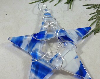 Fused Glass Star with White and Cobalt Blue Accents