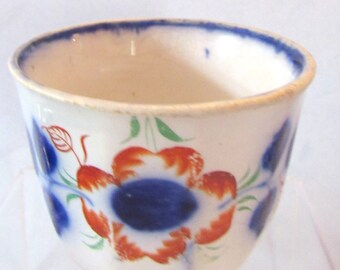 Antique Gaudy Ironstone 1840s Handleless Cup with Flow Blue