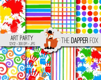 Art Party Digital Paper Pack - INSTANT DOWNLOAD - 12x12 - paint splash, stripes, spirals, spots, paint splatter