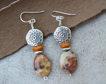 17 Crazy lace agate and silver charm drop dangle earrings, sterling silver ear wires, boho, nature, artisan, rustic, fall
