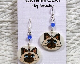 Siamese Himalayan Cat Oval French Wire Earrings Clay With Stone Bead Handmade GMS