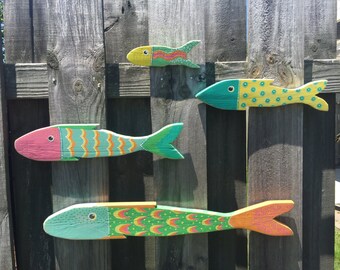 4 Whimsical Hand painted Picket Fish, Wood Fish, Reclaimed Art, Beach Decor, Nursery Decor