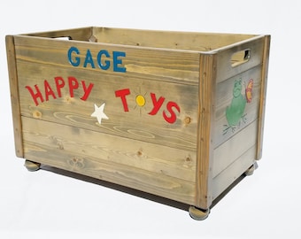 Happy Toy Box, Engraved Solid Wood Toy Box, Personalized Gift, Kids Toddler Furniture, Birthday, Baby Shower, Christmas Gift, Reclaimed Wood