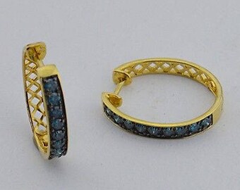 14k Yellow Gold Estate Blue Diamond Hoop Earrings