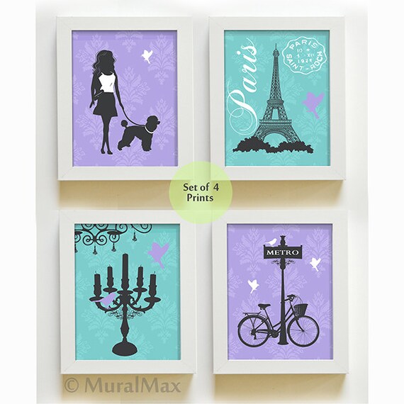 Girl Wall Art Paris French Nursery Art Set of 4 Prints