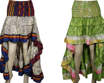 Free and Easy High-Low Maxi Skirt 2pc Recycled Vintage Sari Gypsy Hippie Chic Ruffle Flirty Flare Summer Skirts S/M