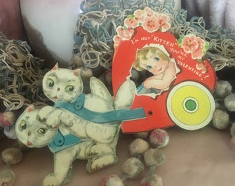 Antique Vintage Valentine's Day Valentine Card - 1940s Mechanical Kitty Cat Pulling Girl In Heart Carriage Cart