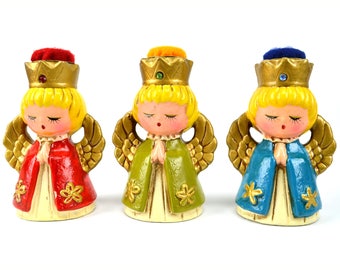 Christmas Decor, Vintage Ceramic Angels Praying Set of 3 Ardco Dallas Figurines with Rhinestone Angel Figurine