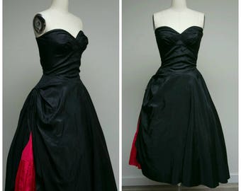 Vintage 1950s Dress • Sweetheart Sadie • Black Taffeta Strapless Tea Length 50s Party Dress Size Medium