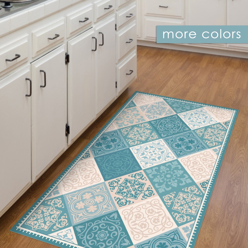 Vinyl floor mat kitchen mat with tile design in turquoise