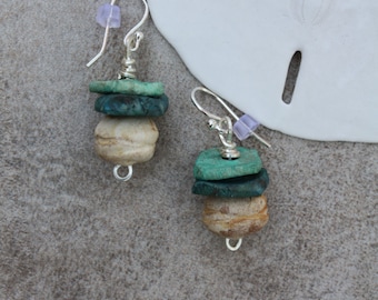 149 Handmade clay stone dangle earrings, sterling silver ear wires, boho, southwest, rustic, artisan