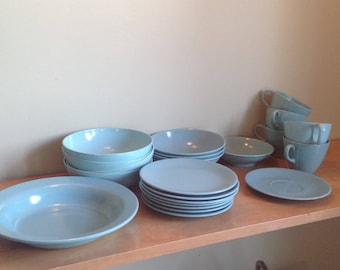 Turquoise Melmac, really blue-green, vintage dishes