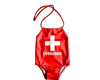 Girls One Piece Swimsuit ~ Toddlers Halter Bathing Suit ~ Toddler Girl Swimsuit ~ Red Lifeguard Print ~ Size 12M to 6T