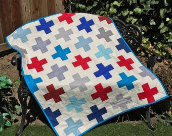 Modern Baby Quilt, Plus Quilt, Patriotic Quilt, Crib Quilt, Toddler Quilt. Handmade, Baby Shower Gift, Red White and Blue