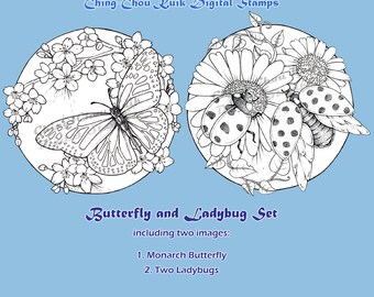 Butterfly & Ladybug Set - Digital Stamp Coloring Page Instant Download / Insect Sakura Daisy Flower Ink Art by Ching-Chou Kuik