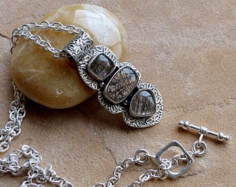 Pendant & Chain Necklace.Tourmaline Quartz in Leaf Pattern Sterling Silver Setting.Toggle Clasp . Rustic Boho Tribal Southwest Style Jewelry