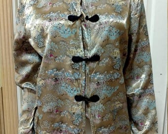 1970s Vintage Ivory Biscotti Satin Jacket - Ivory Chinese Embroidered Cheongsam Top - Satin Brocade Cheongsam Jacket Top Small B 34"
