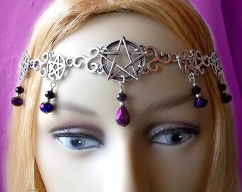 Triskele & Pentagram Circlet, Wiccan Headdress, Pentacle Headpiece, Celtic Circlet, Wicca, Pagan, Witch, Purple and Black, Head Jewellery