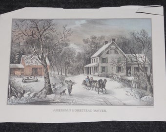 Vintage Currier & Ives Print-1980-American Homestead Winter
