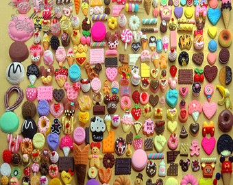 100 PCS X Mix Miniature Sweets Cabochon Assorted Kawaii Dollhouse food Cabochon Cake Waffle Cupcake Chocolate Fruit Bread Flat Back AK.SW