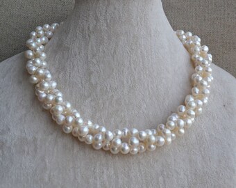 white pearl necklace,twisted necklace, 7-8mm freshwater pearl necklace, white pearl necklaces, wedding necklace,statement necklace
