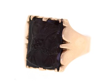 Vintage Mens Warrior Ring, Rose Gold Carved Agate Ring, Mens Agate Signet Ring