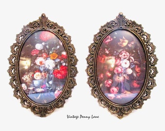 2 Vintage Italian Floral Art Prints, Fancy Brass Framed
