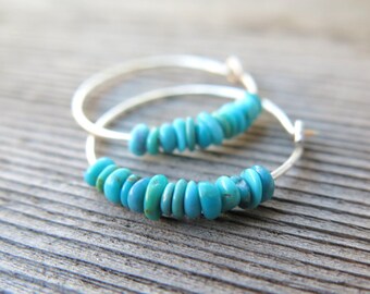 natural turquoise earrings. small sterling silver hoops. Canadian seller in Calgary. turquoise jewelry.