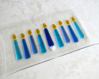 Hanukkah Plate, Fused Glass Hanukkah Platter, Turquoise and Blue Hanukkah Candles, Festival of Lights, Hanukkah Menorah, Jewish Wedding Gift