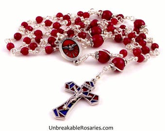 Red Jade Unbreakable Holy Spirit Rosary Beads w Stained Glass Style Enamel Crucifix by Unbreakable Rosaries