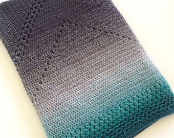 Teal and grey ombre granny square blanket, afghan, crochet lap blanket