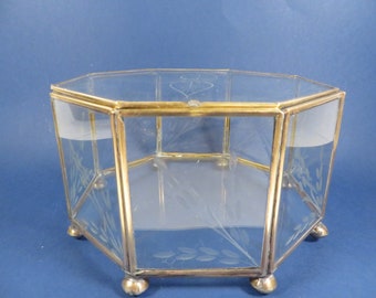 Vintage Large Etched Glass Brass Box - Large Octagon Glass Box - Jewelry Casket