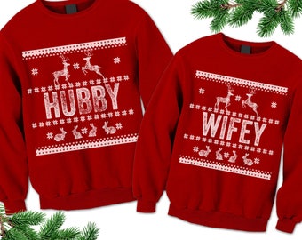 Hubby Wifey Unisex Ugly Sweaters. Ugly Family Sweatshirt. Couples Sweatshirts. Tacky Christmas Sweater. Wedding Engagement Christmas gift.