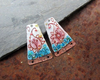 RESERVE Marie - Oriental - enameled copper charms - blue white pink bubbles-iridescent enamelled copper charms.