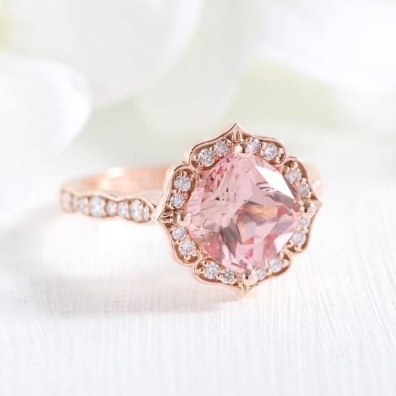 Vintage Floral Champagne Peach Sapphire Engagement Ring 14k