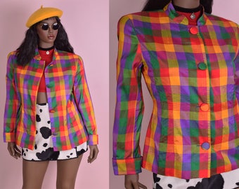 80s Colorful Gingham Silk Jacket/ US 14/ 1980s