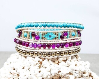 Bracelet wrap turns 4 ivory leather "turquoise, pink and gold"