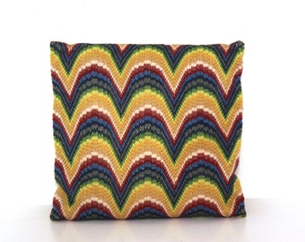 Vintage 60s bargello pillow rainbow waves blue green yellow geometric 70s